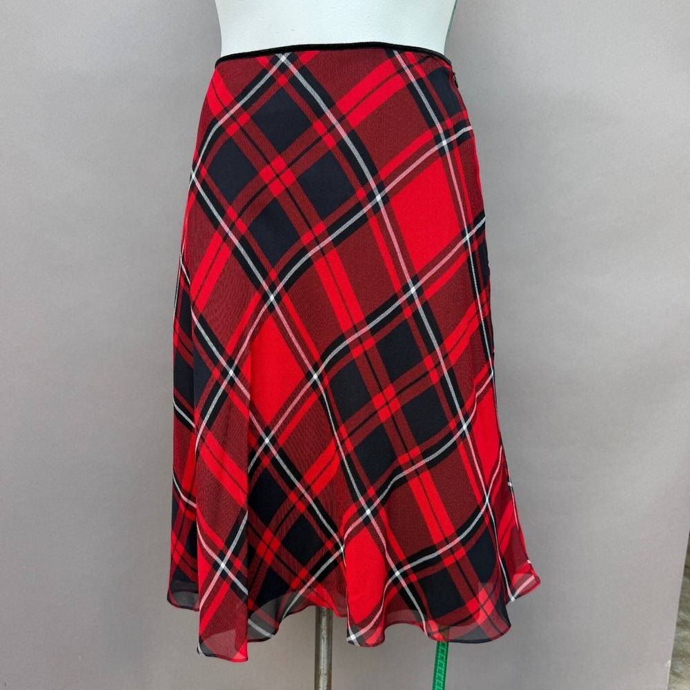 Pendleton Silk Plaid Midi Skirt 14 Red Black Bias Cut Velvet Trim Grunge Preppy